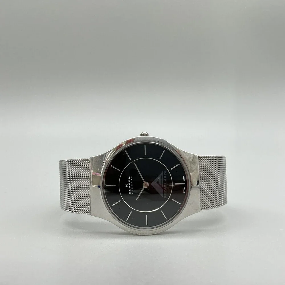 Skagen Mens Watch 34mm Black Dial Great Lakes Logo Mesh Stainless New Battery